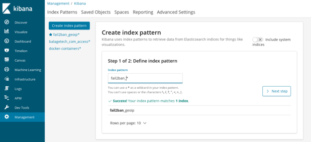 Kibana create index pattern - step 1